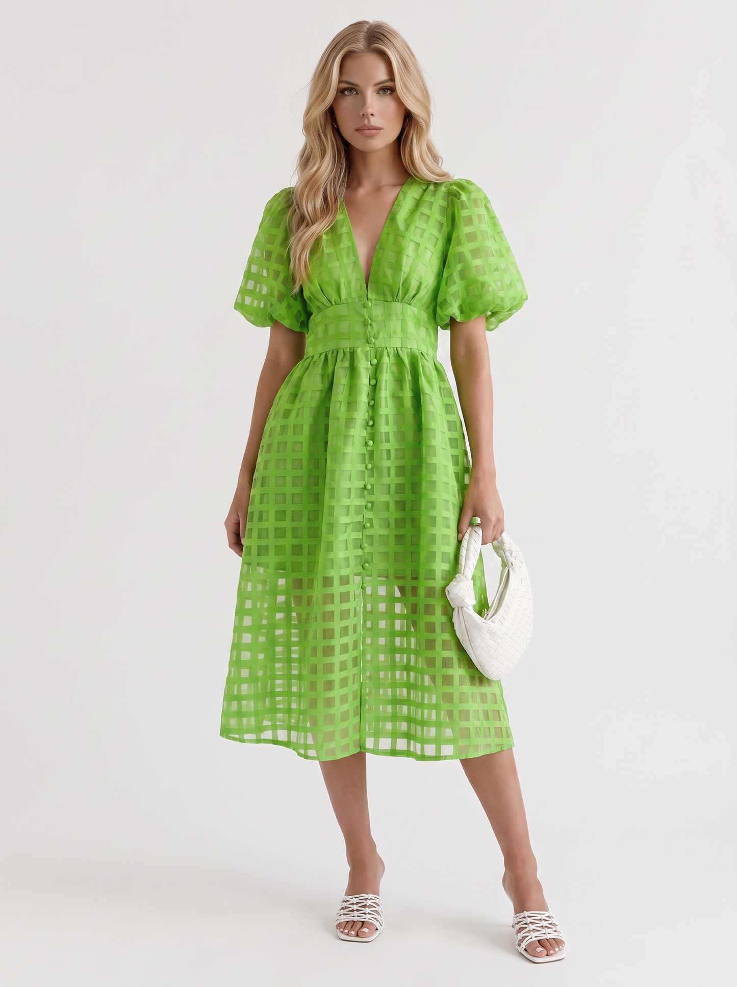 Colette Windowpane Midi Dress in Green - midi dress front view