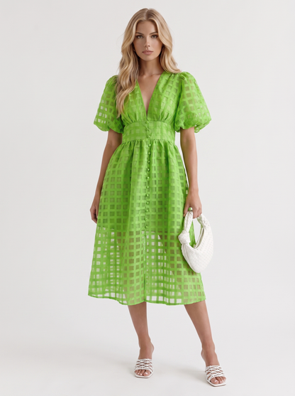 Colette Windowpane Midi Dress in Green - midi dress front view