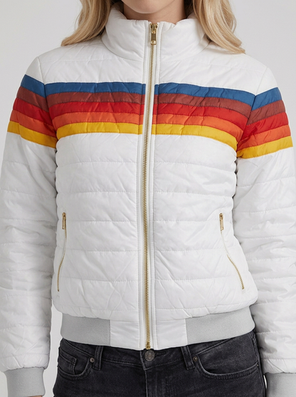 Women white jacket with sherpa lined hood and striped chest panel