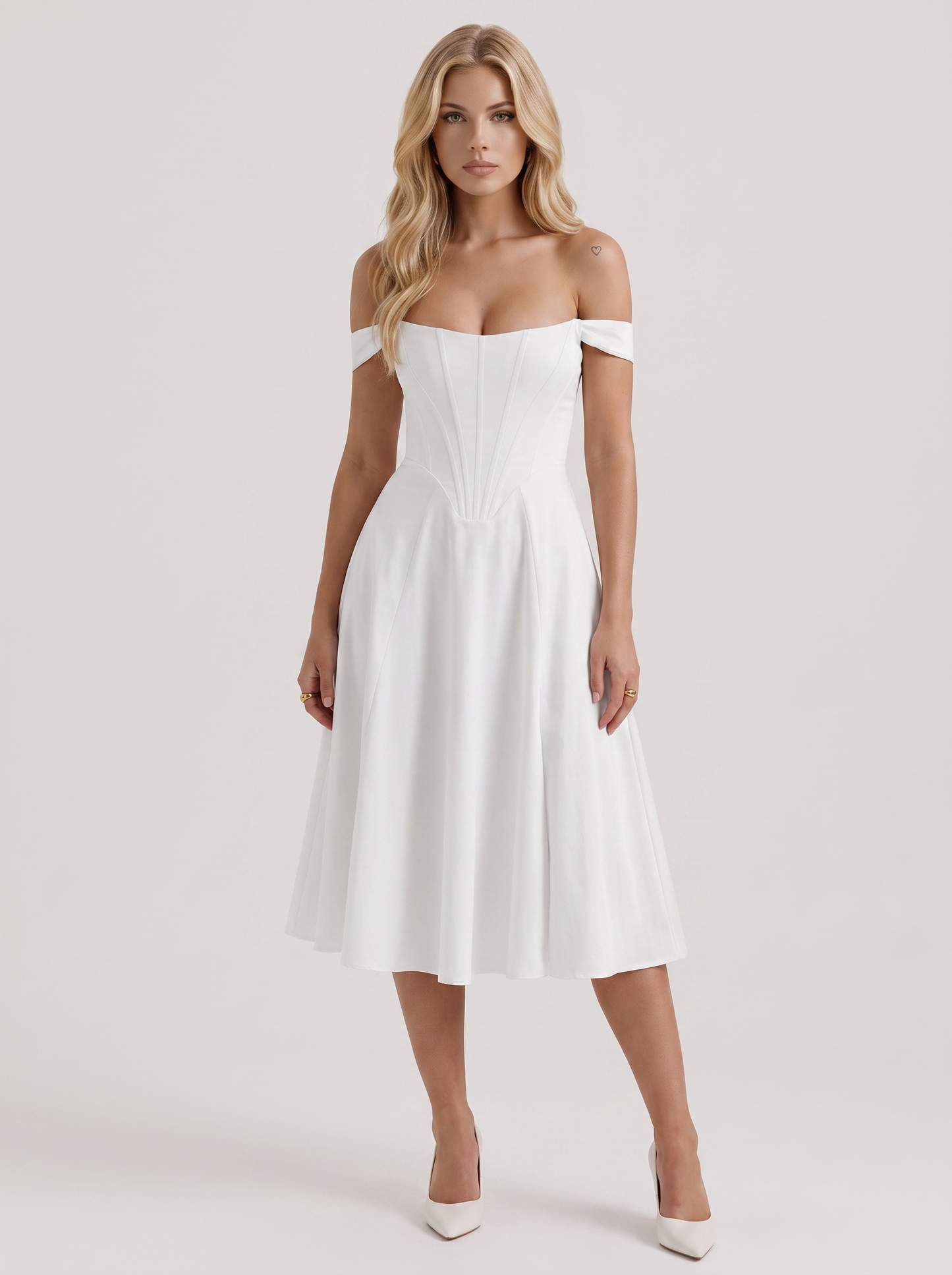 Women white midi dress with off shoulder neckline and corset bodice