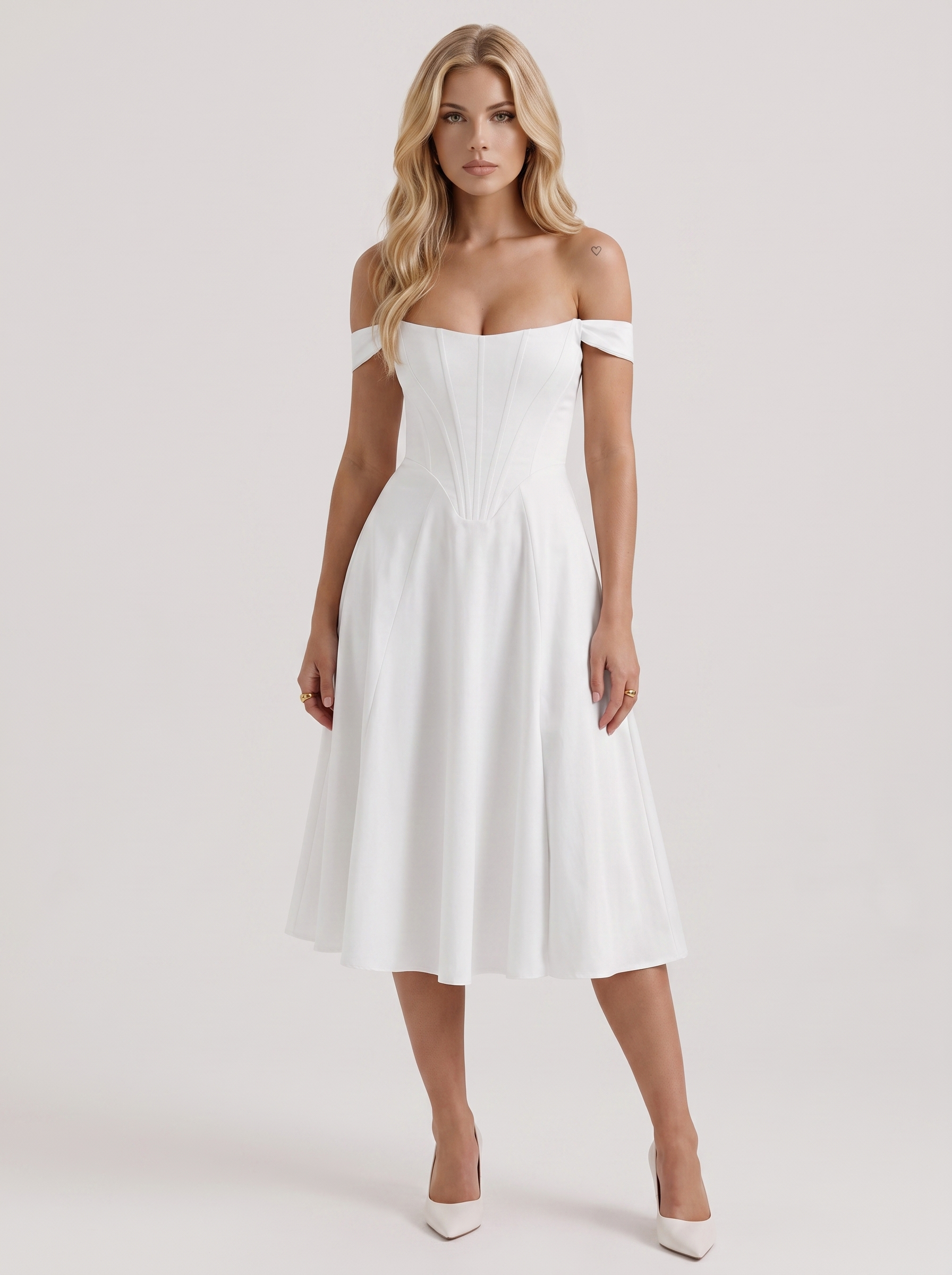 Women white midi dress with off shoulder neckline and corset bodice