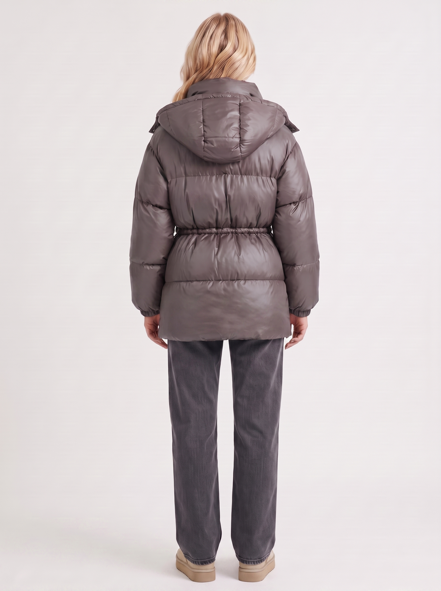 Women dark gray jacket with hooded design and zip front closure