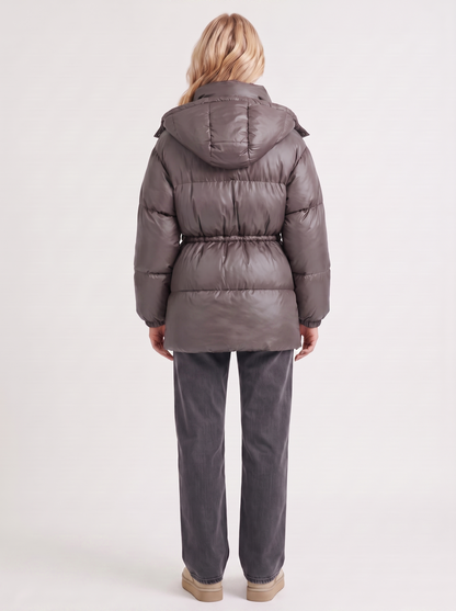 Women dark gray jacket with hooded design and zip front closure