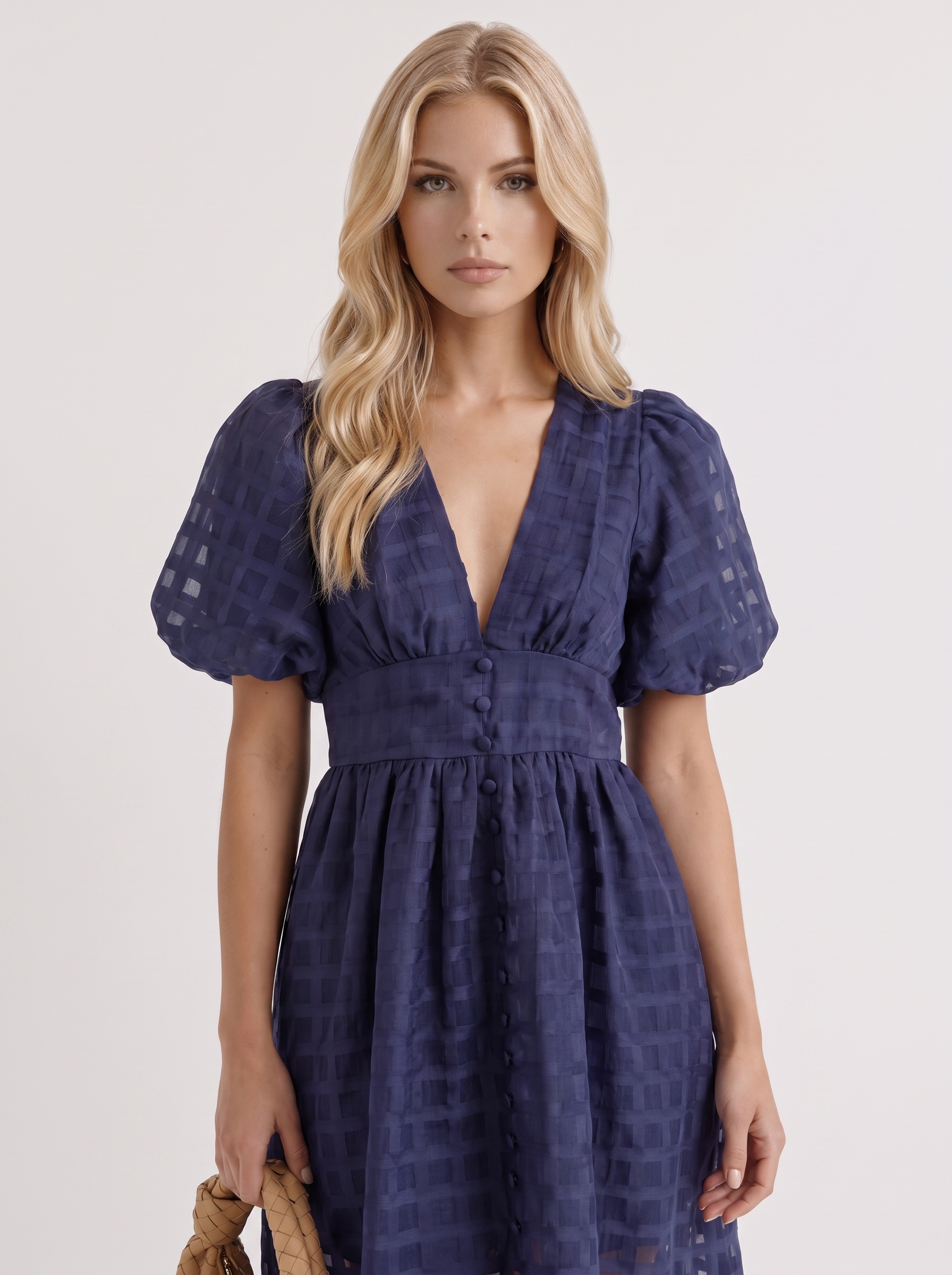 Colette Windowpane Midi Dress in Navy - midi dress front view