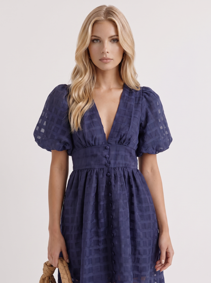Colette Windowpane Midi Dress in Navy - midi dress front view