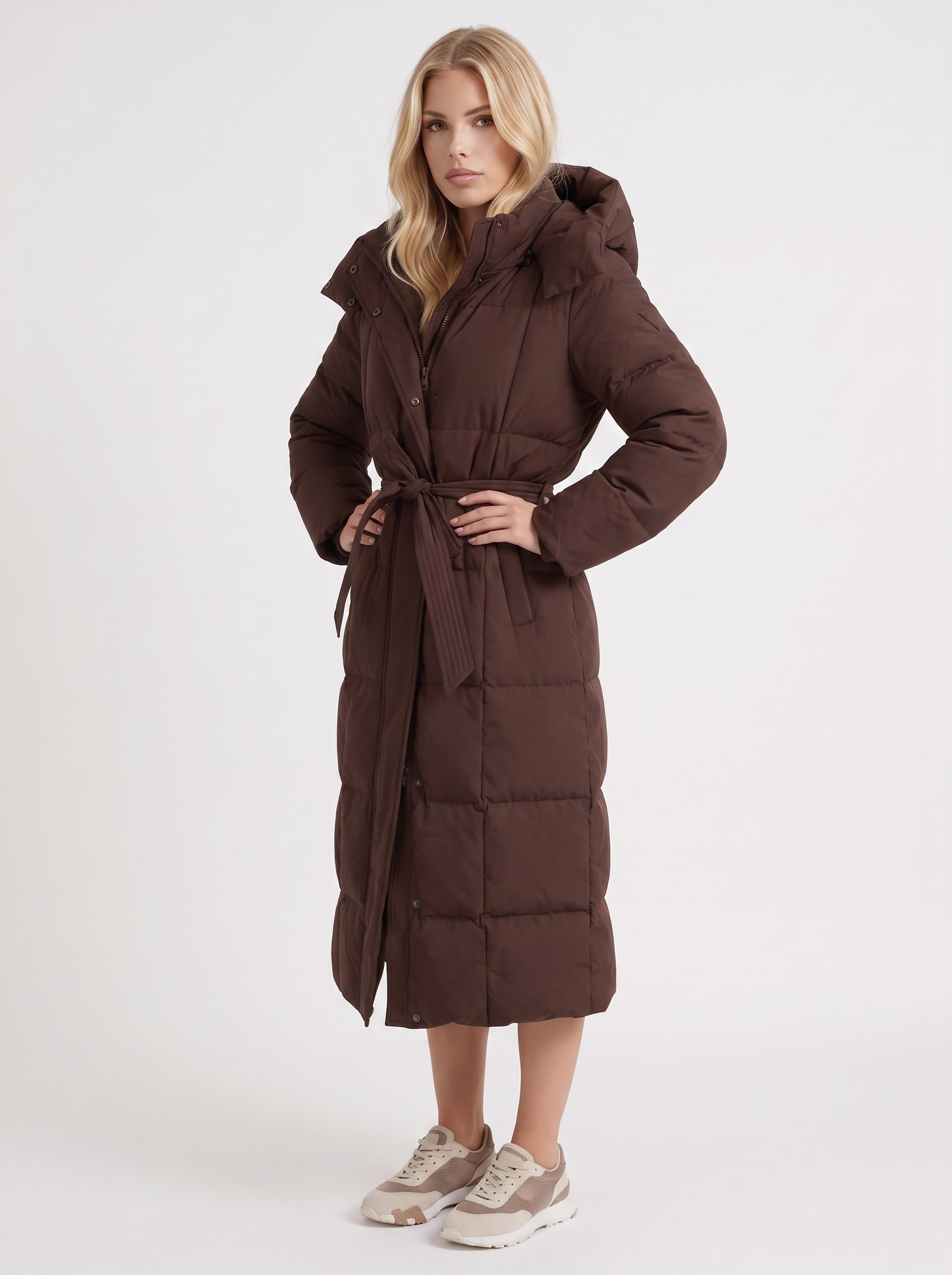 Women brown coat with vertical quilting and hooded design