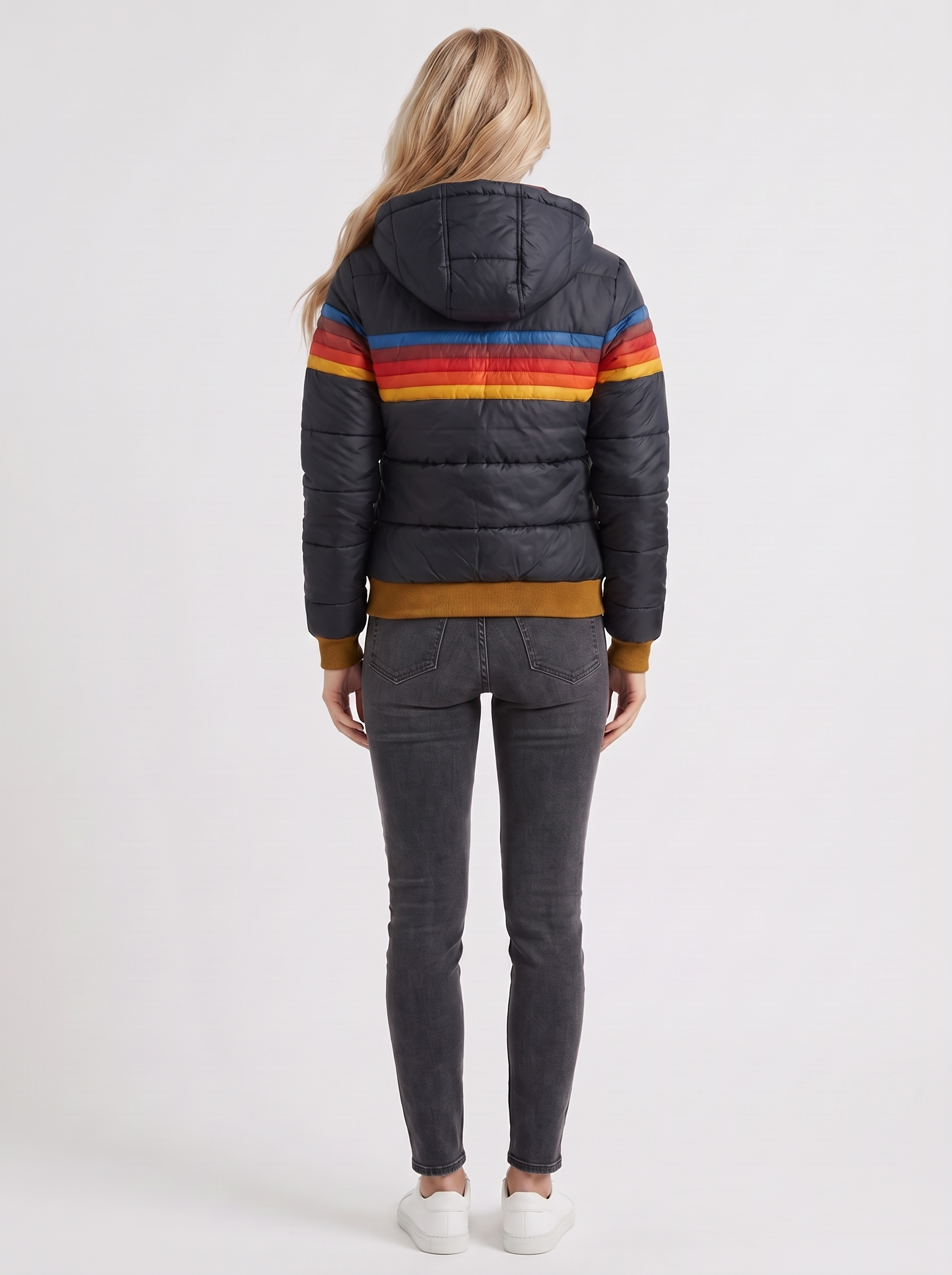 Women black jacket with sherpa lined hood and striped chest panel