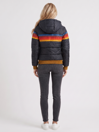 Women black jacket with sherpa lined hood and striped chest panel