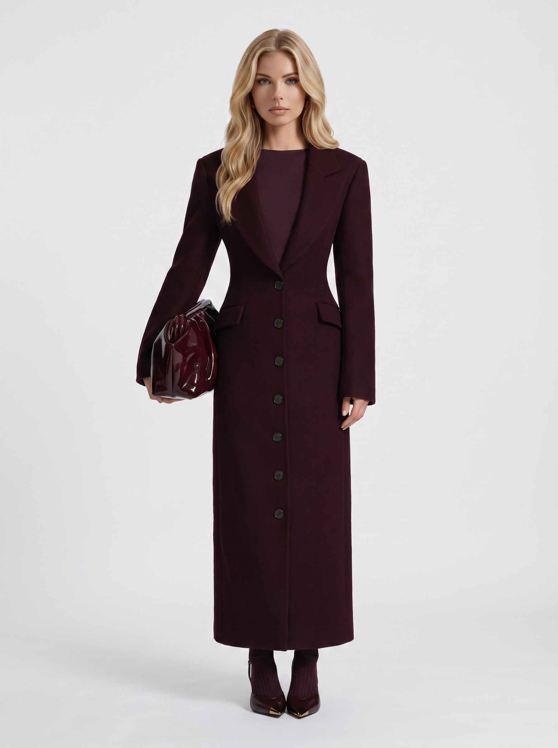 Mabel Longline Coat in Burgundy - coat front view