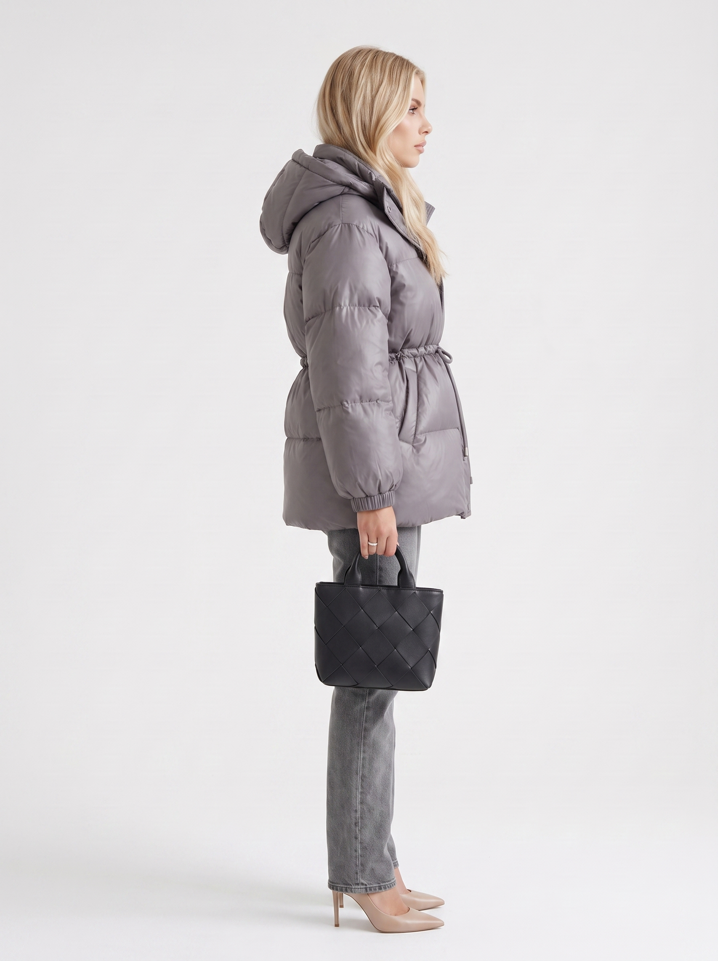 Women dark gray jacket with hooded design and zip front closure