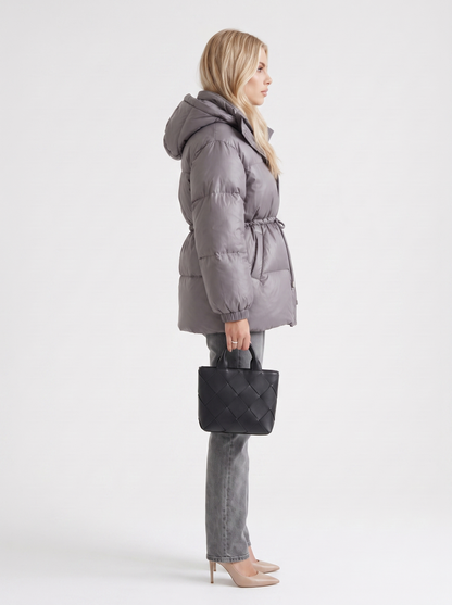 Women dark gray jacket with hooded design and zip front closure