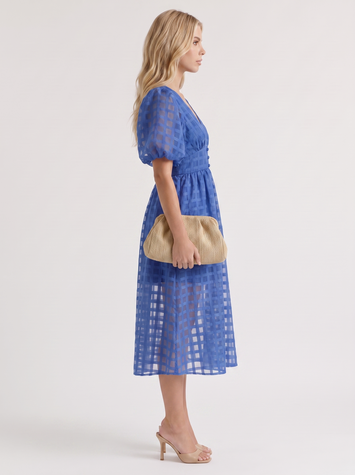Colette Windowpane Midi Dress in Blue - midi dress front view