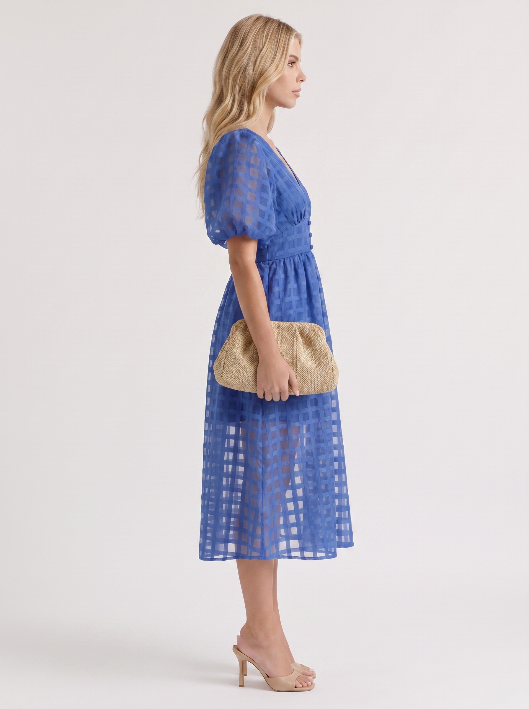 Colette Windowpane Midi Dress in Blue - midi dress front view
