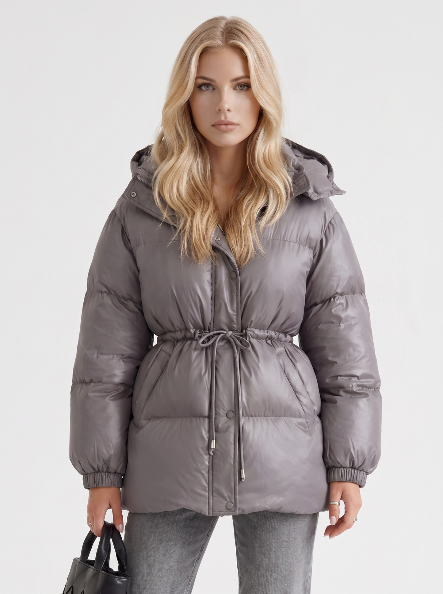 Women dark gray jacket with hooded design and zip front closure