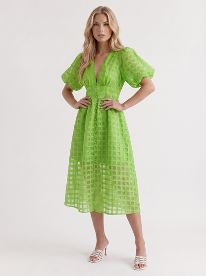 Colette Windowpane Midi Dress in Green - midi dress front view