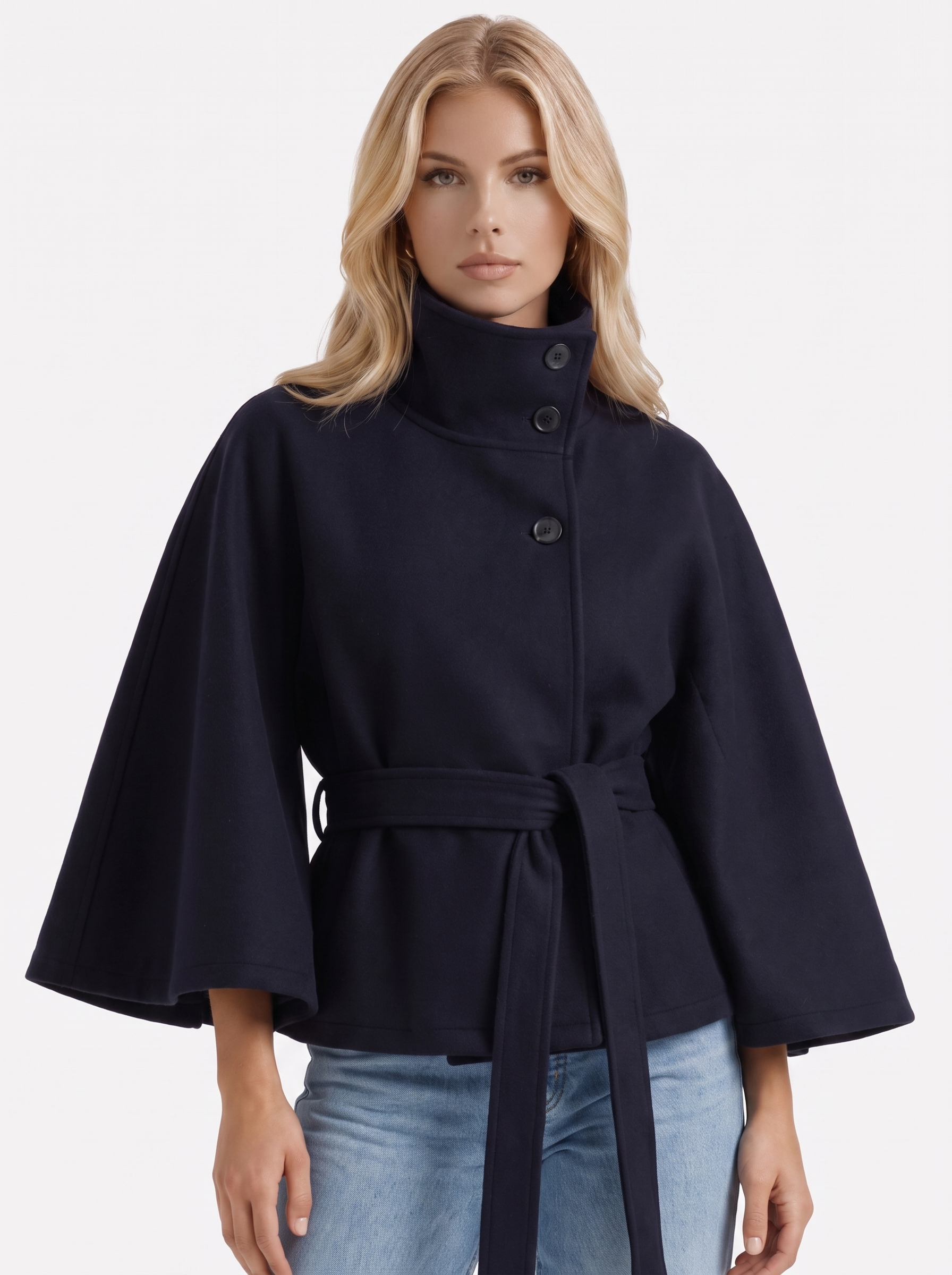 Josephine Cape Coat in Navy - coat front view
