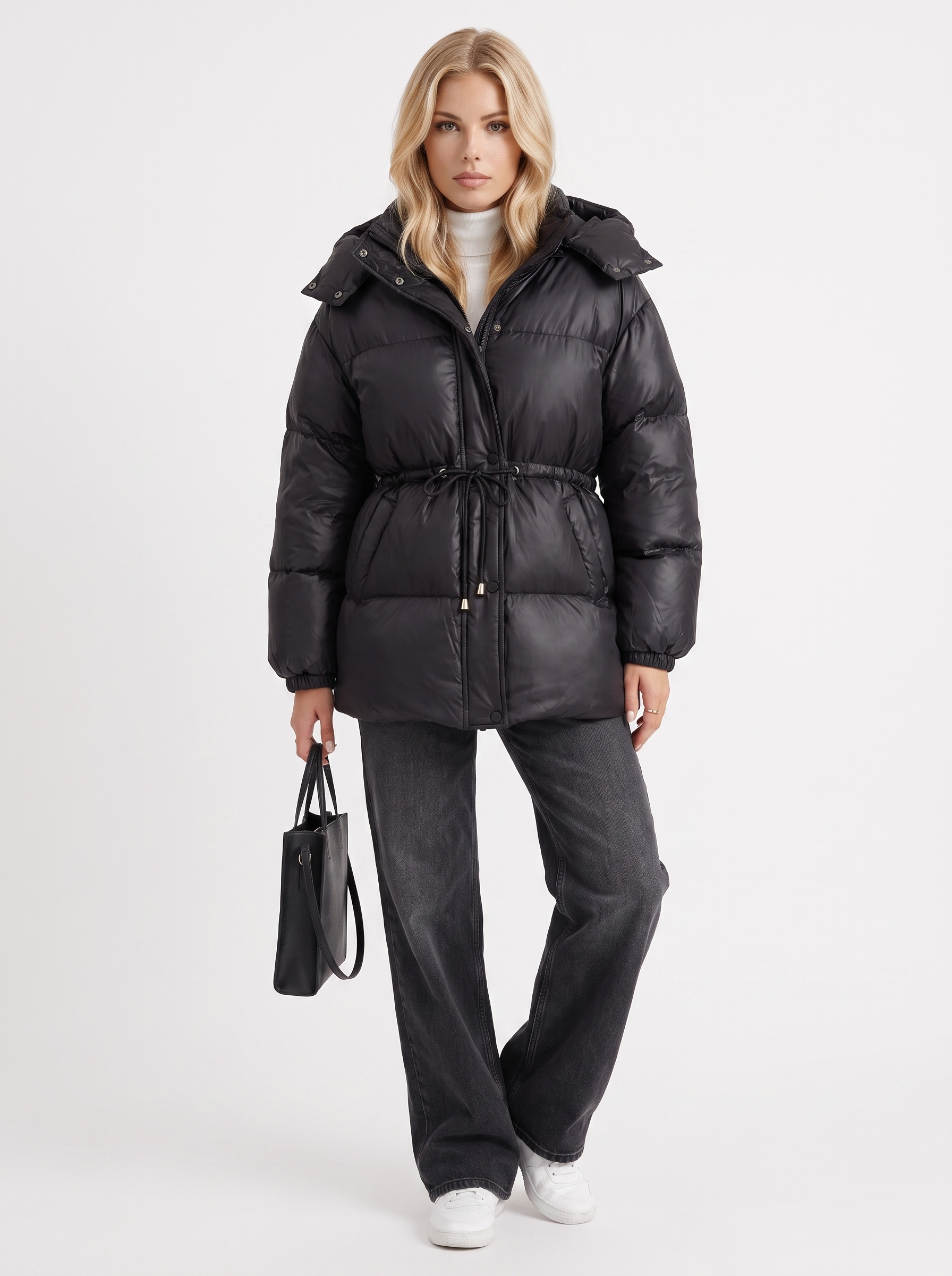Women black jacket with hooded design and zip front closure
