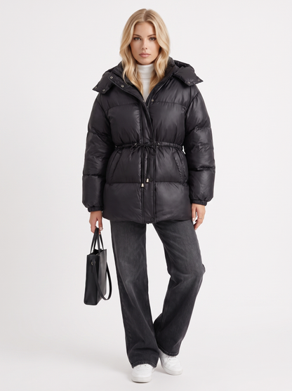 Women black jacket with hooded design and zip front closure