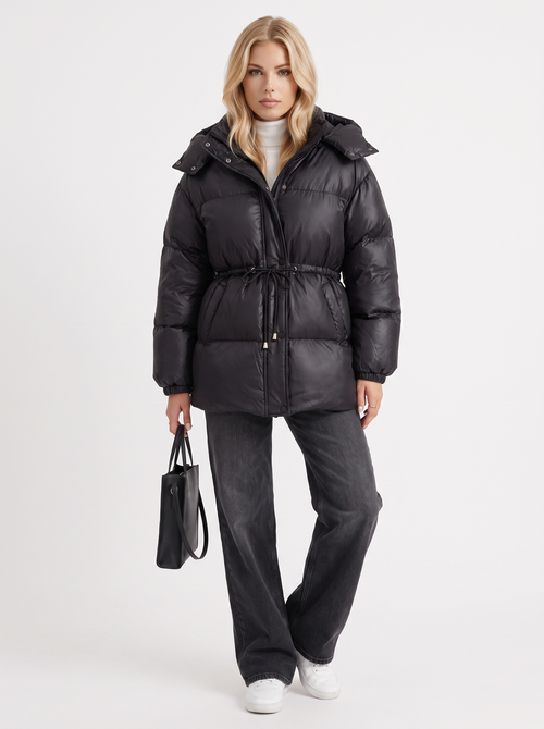 Women black jacket with hooded design and zip front closure