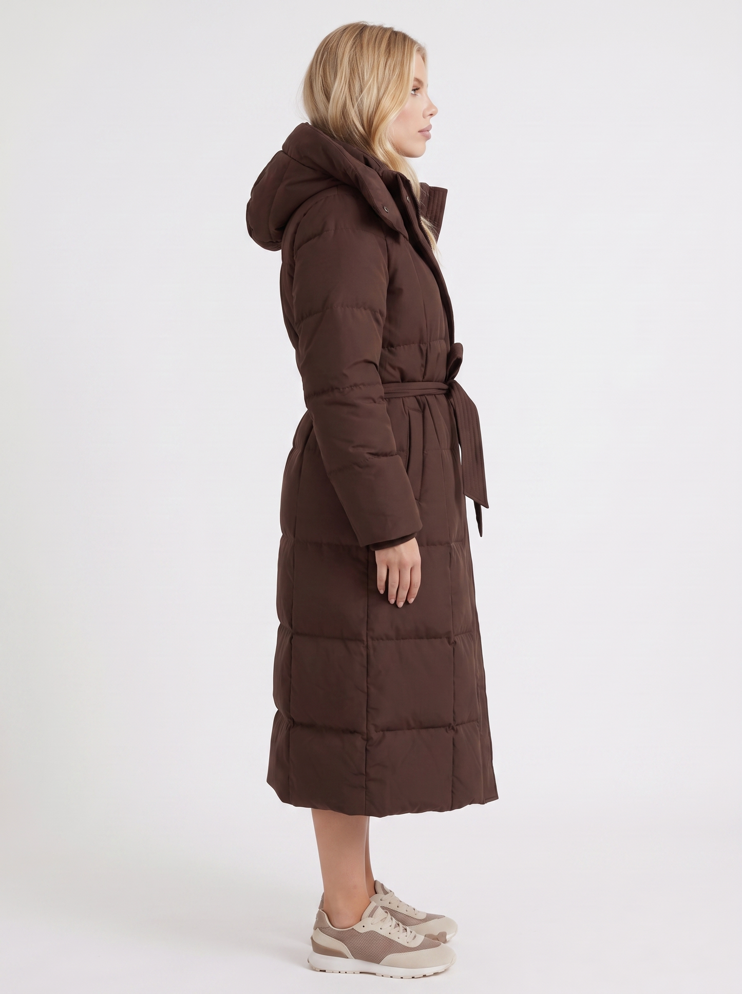 Women brown coat with vertical quilting and hooded design