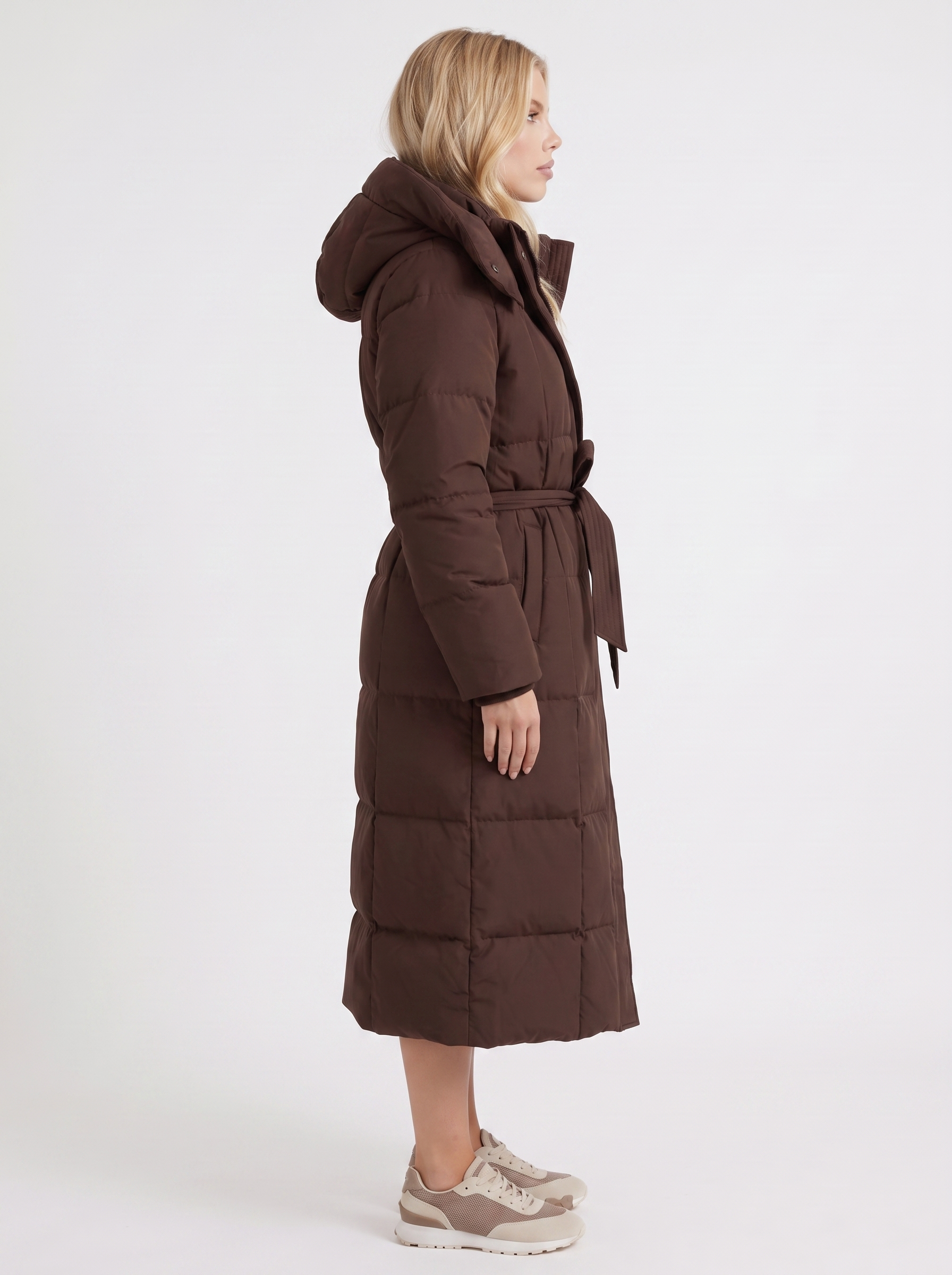 Women brown coat with vertical quilting and hooded design