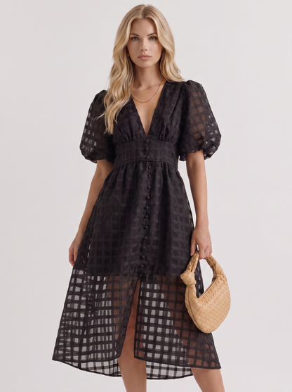 Colette Windowpane Midi Dress in Black - midi dress front view