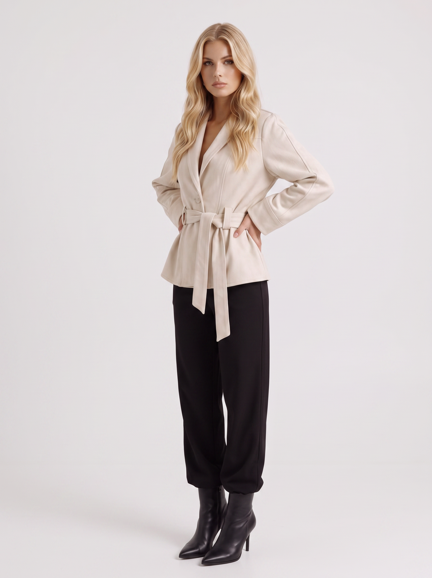 Women beige jacket with shawl collar and wrap front