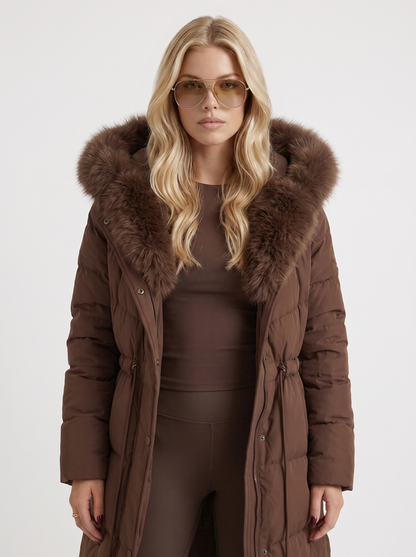 Women brown coat with fur trim hood and zip front closure