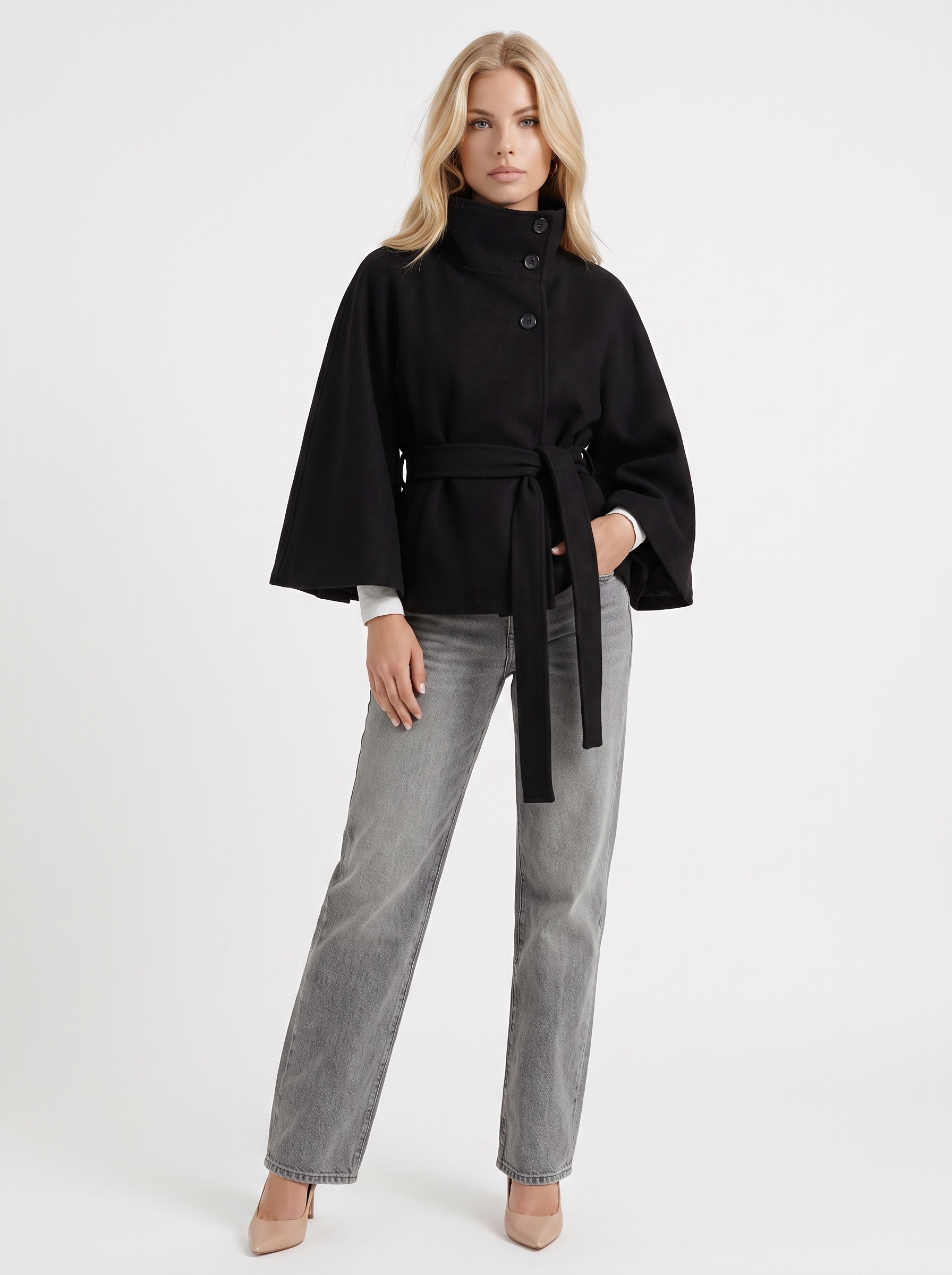 Josephine Cape Coat in Black - coat front view