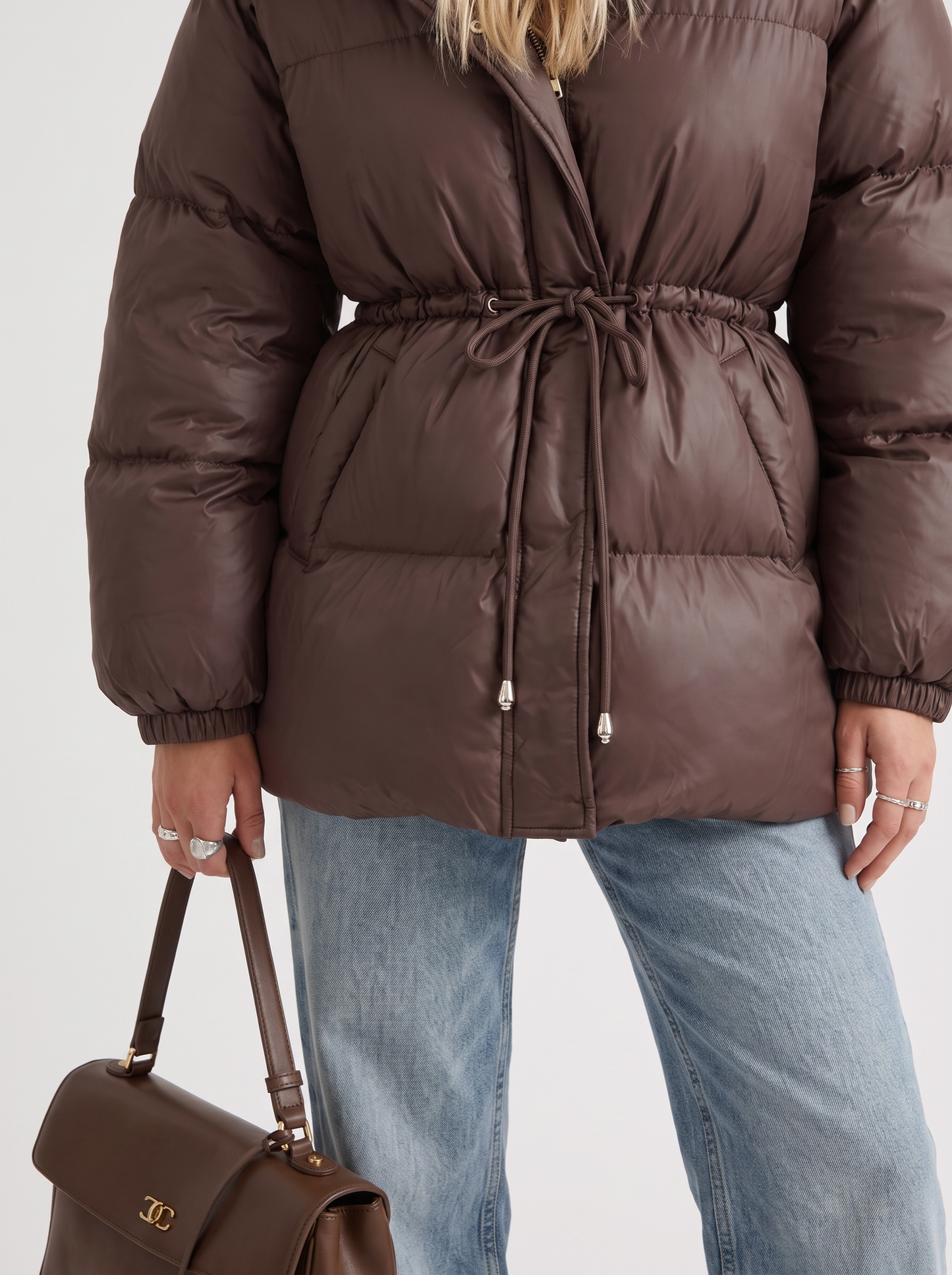 Women brown jacket with hooded design and zip front closure