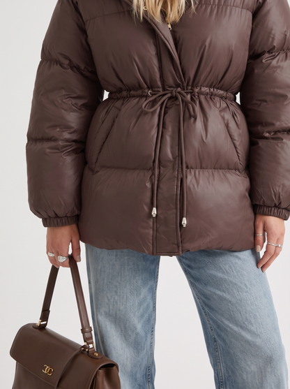 Women brown jacket with hooded design and zip front closure