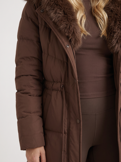 Women brown coat with fur trim hood and zip front closure