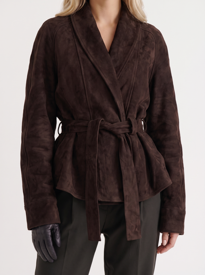 Women dark brown jacket with shawl collar and wrap front