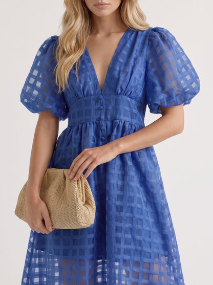 Colette Windowpane Midi Dress in Blue - midi dress front view