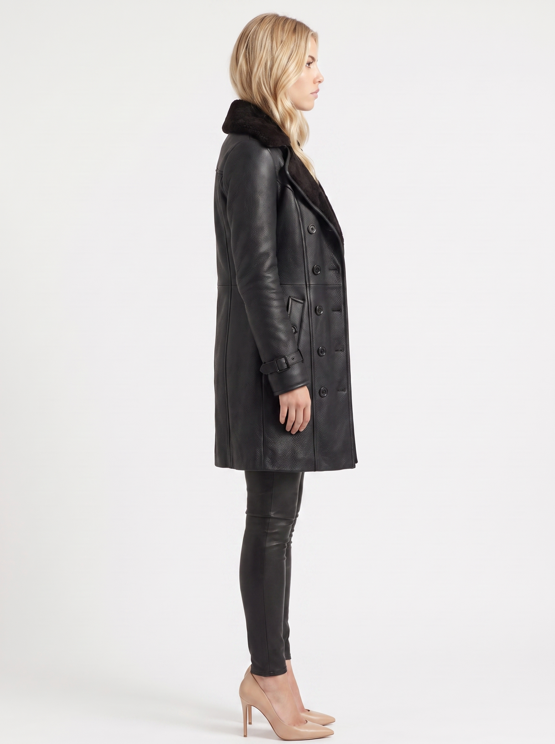 Women black coat with shearling collar and double breasted front
