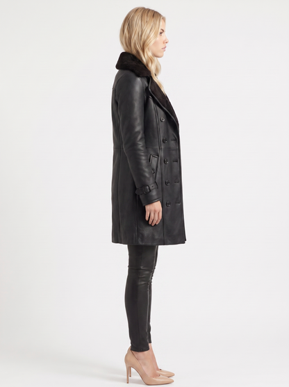 Women black coat with shearling collar and double breasted front