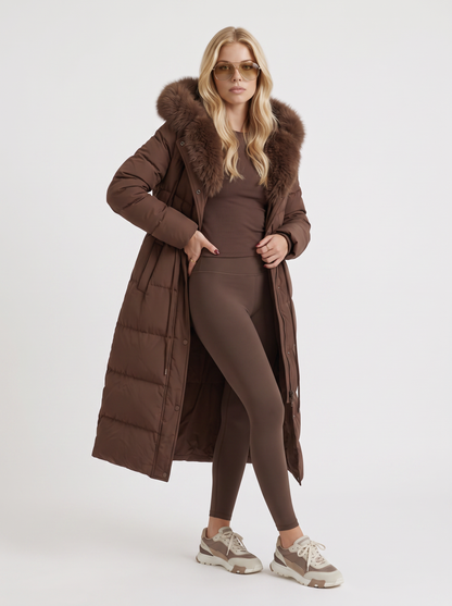 Women brown coat with fur trim hood and zip front closure