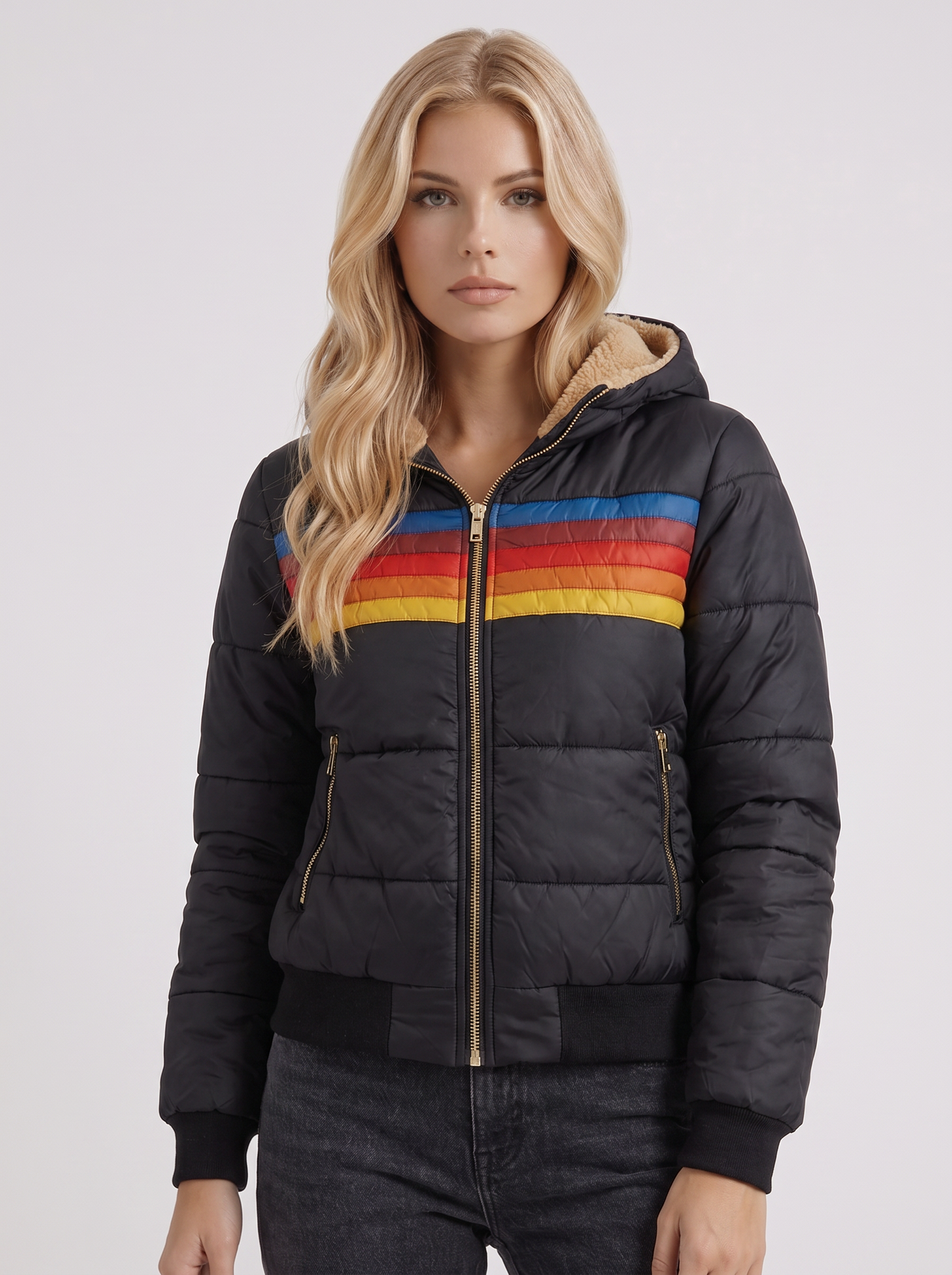 Women black jacket with sherpa lined hood and striped chest panel