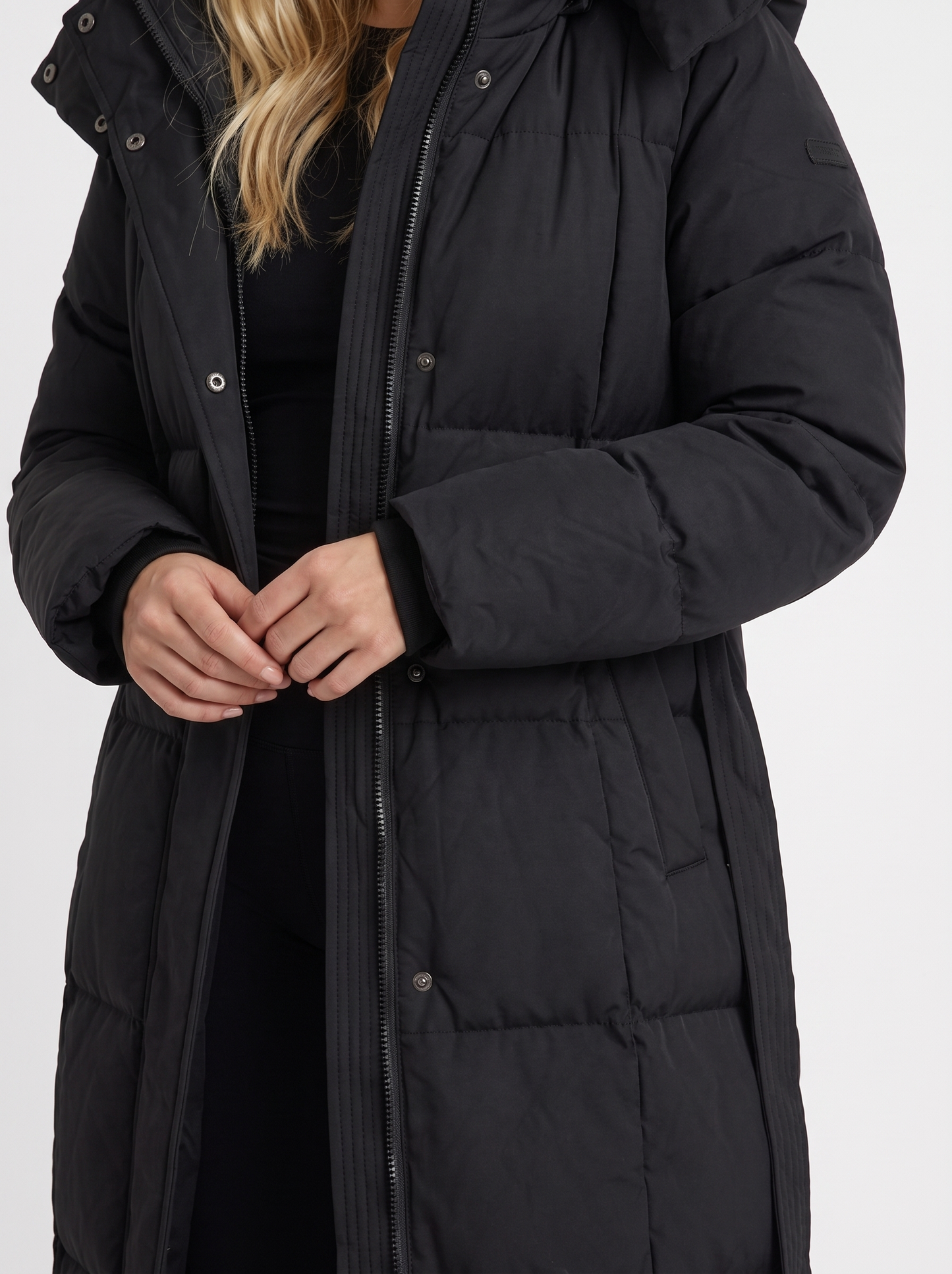 Women black coat with vertical quilting and hooded design