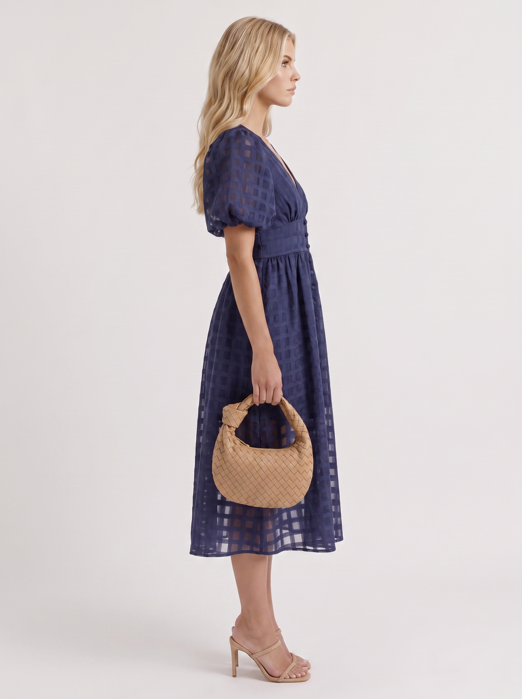Colette Windowpane Midi Dress in Navy - midi dress front view