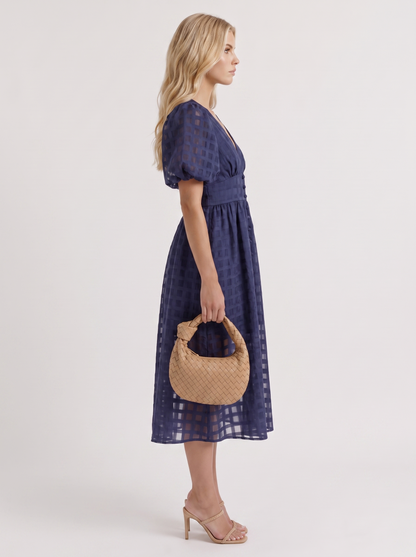 Colette Windowpane Midi Dress in Navy - midi dress front view
