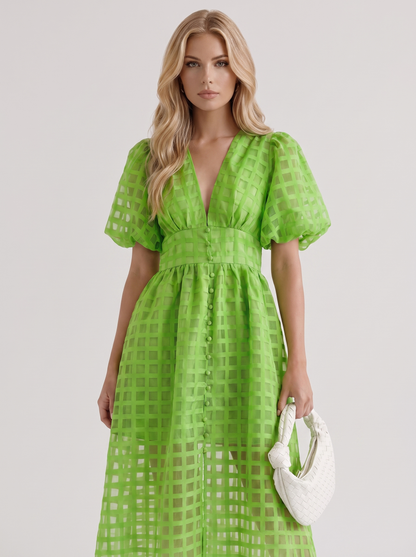 Colette Windowpane Midi Dress in Green - midi dress front view