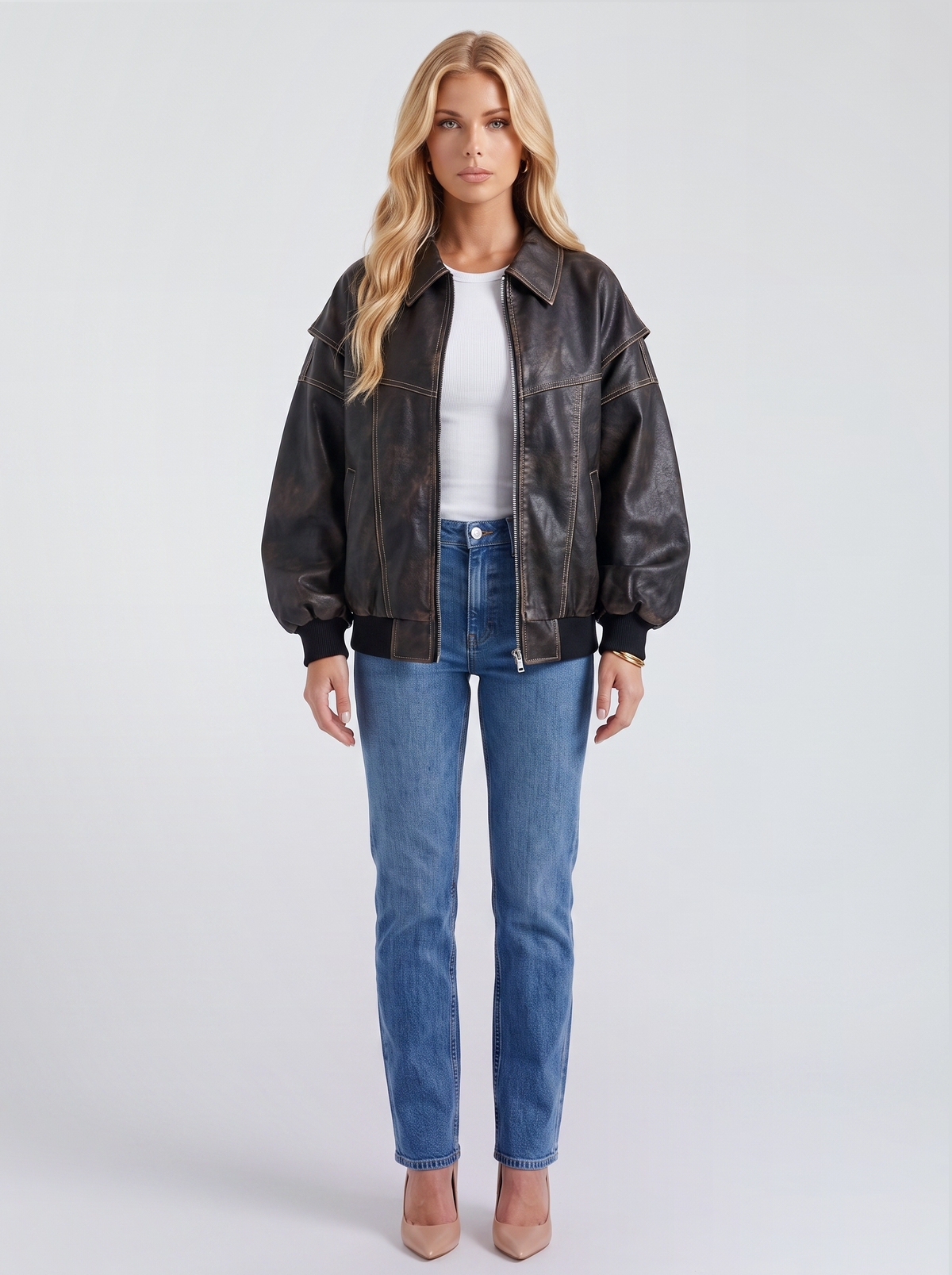 Women black oversized leather look bomber jacket with ribbed hem and cuffs