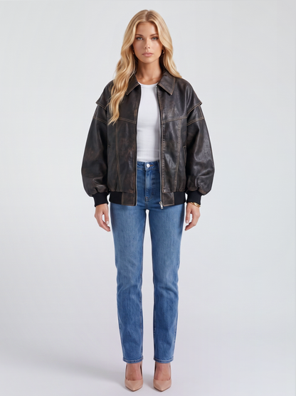 Women black oversized leather look bomber jacket with ribbed hem and cuffs