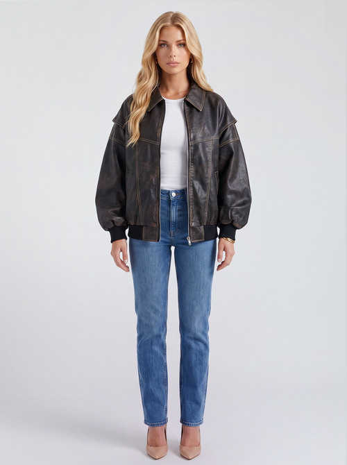 Women black oversized leather look bomber jacket with ribbed hem and cuffs