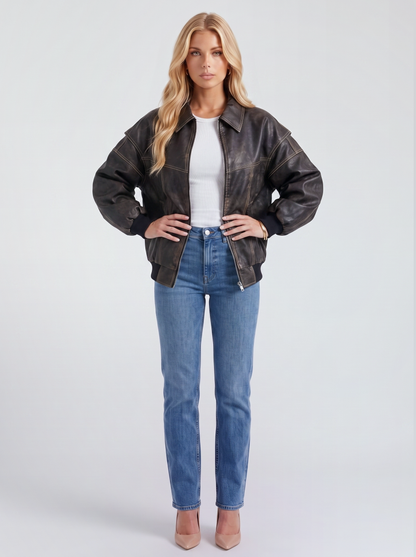 Women black oversized leather look bomber jacket with ribbed hem and cuffs