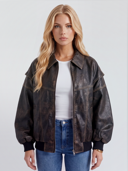 Women black oversized leather look bomber jacket with ribbed hem and cuffs