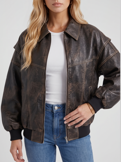 Women black oversized leather look bomber jacket, close view of the leather look finish