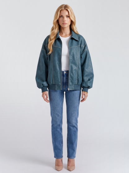 Women green oversized leather look bomber jacket with ribbed hem and cuffs