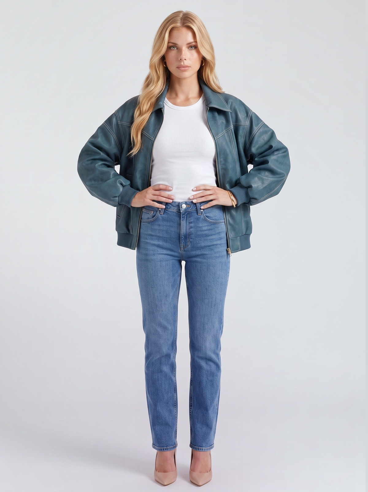 Women green oversized leather look bomber jacket with ribbed hem and cuffs